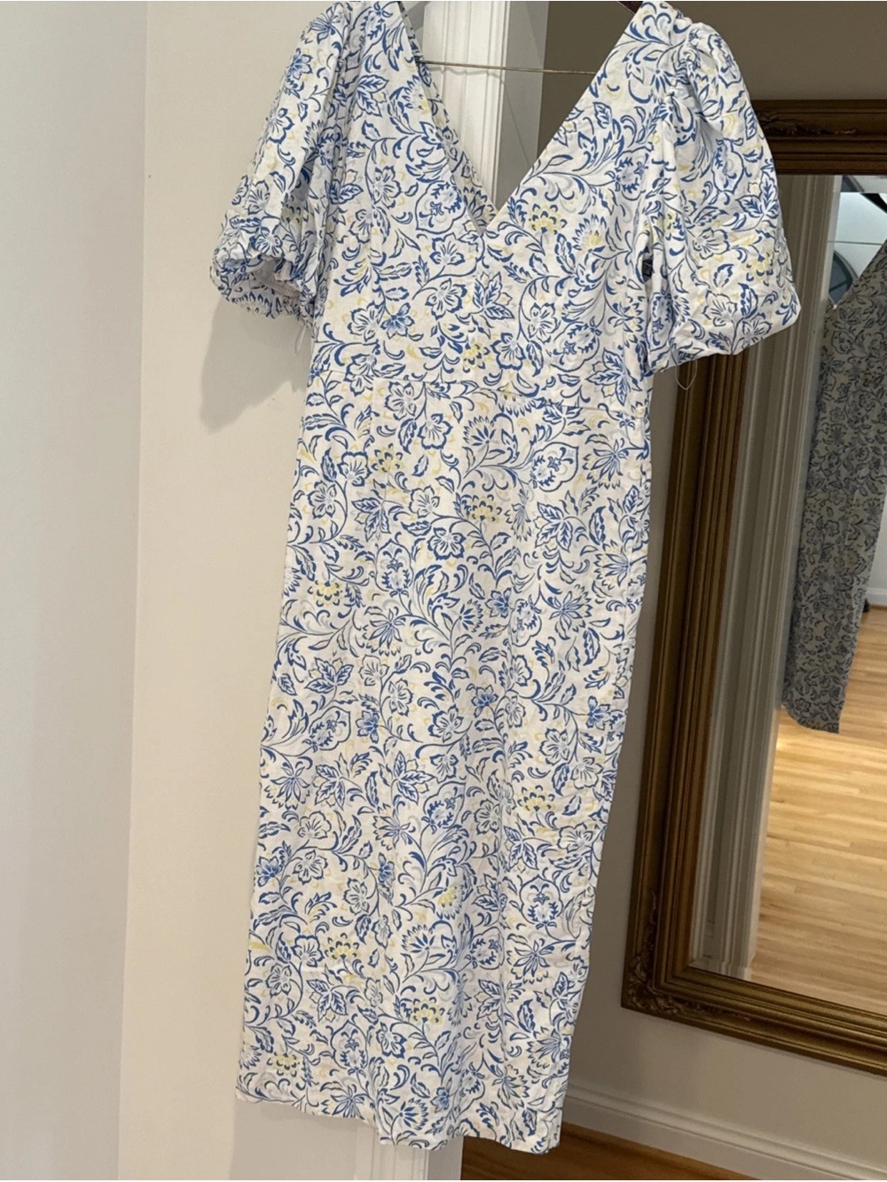 Blue and White Floral V-Neck Midi Dress